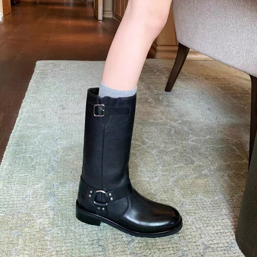 Women's knee-high leather biker boots with harness straps & adjustable shaft buckle Mune Fashion