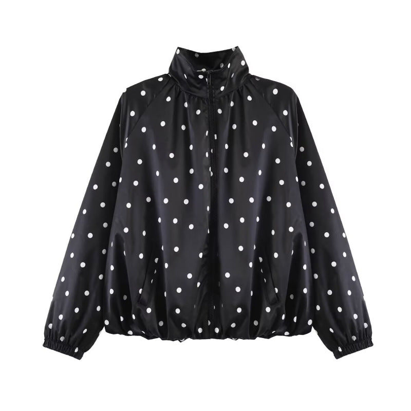 Women's Dotted Lightweight Bomber Jacket with Stand Collar, Zipper and Elastic Hem Mune Fashion
