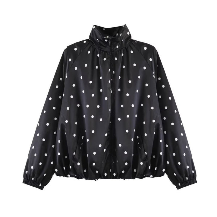 Women's Dotted Lightweight Bomber Jacket with Stand Collar, Zipper and Elastic Hem Mune Fashion