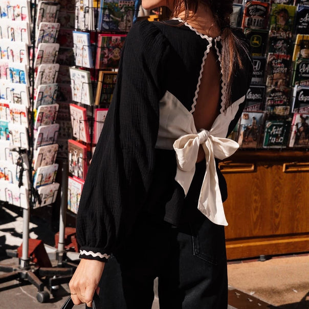 Ladies Backless Blouse Top with Balloon Sleeves and Bow Tie Fastening Mune Fashion