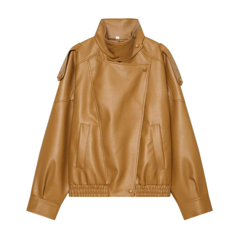 Women Faux Leather Bomber Jacket with High Stand Collar, Asymmetrical Closure and Elastic Hem Mune Fashion