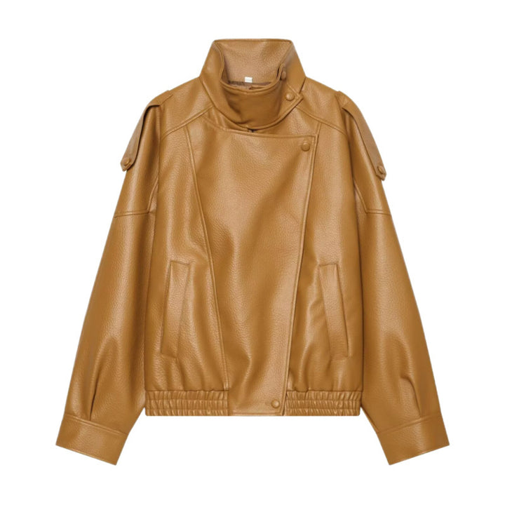 Women Faux Leather Bomber Jacket with High Stand Collar, Asymmetrical Closure and Elastic Hem Mune Fashion