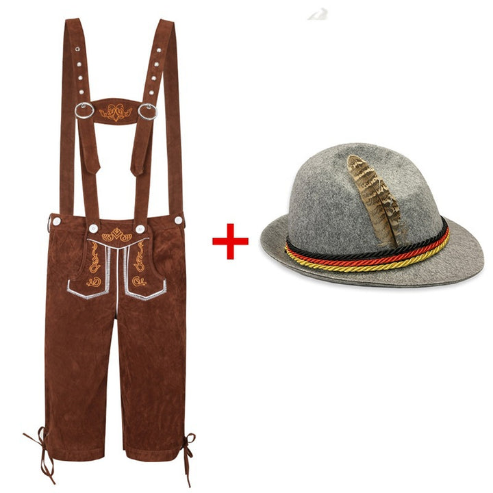 Men's Trachten leather shorts knee-length with adjustable suspenders and felt hat Mune Fashion