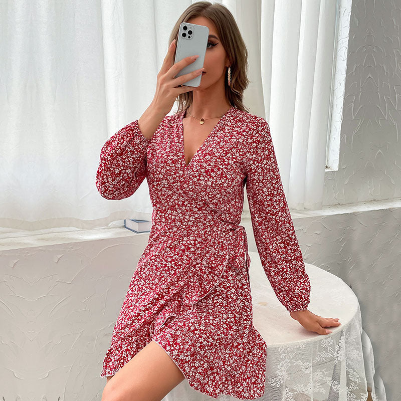 Women's Tailored Wrap Mini Dress with V-Neck, Long Sleeves and Ruffle Hem