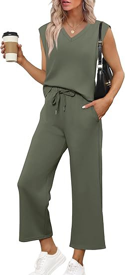 Women Casual Two-Piece Lounge Set with Sleeveless V-Neck Top and Wide Drawstring Pants Mune Fashion