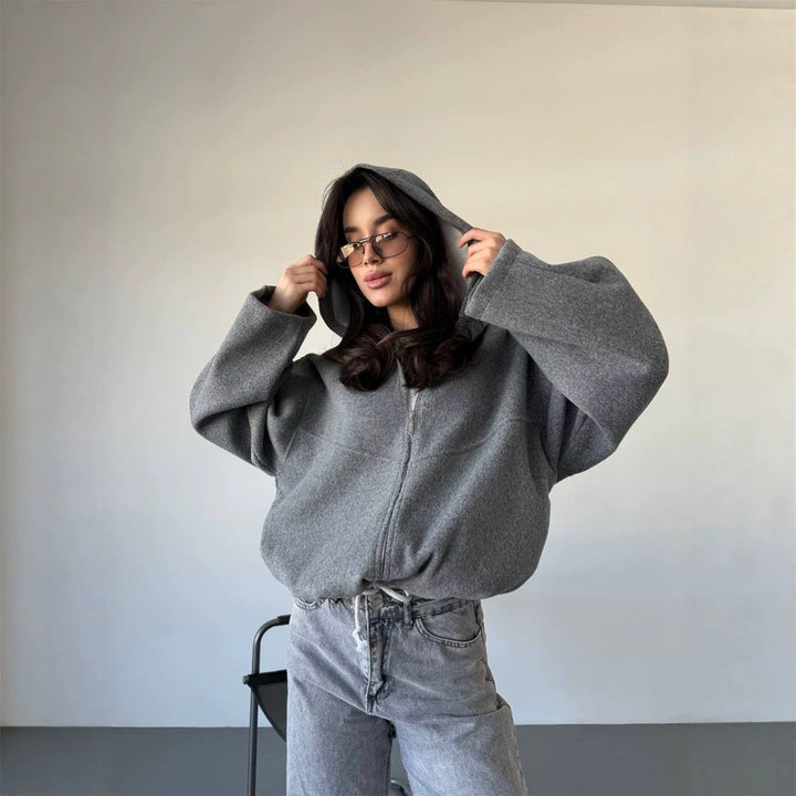 Women's Oversize Hoodie Jacket with Zipper and Drawstring Hem Mune Fashion