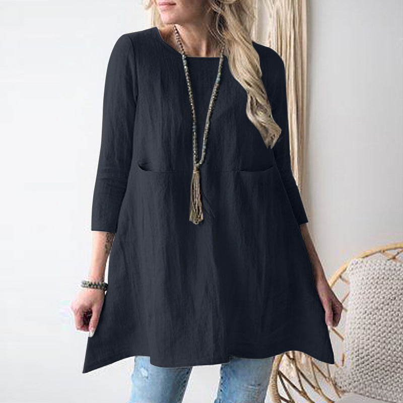 Women's Casual A-Line Tunic with Three-Quarter Sleeves and Pockets Mune Fashion
