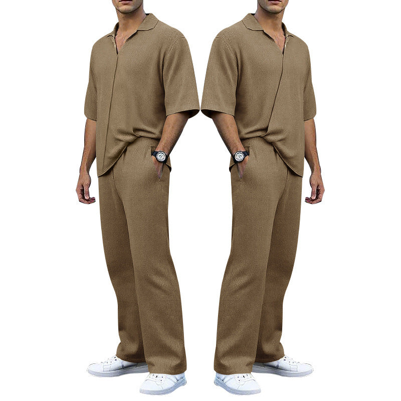 Men's finely structured two-piece set with open polo collar short sleeve shirt and straight comfort waistband pants Mune Fashion