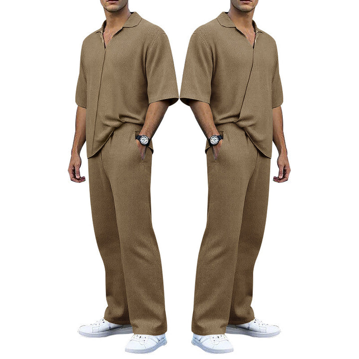 Men's finely structured two-piece set with open polo collar short sleeve shirt and straight comfort waistband pants Mune Fashion