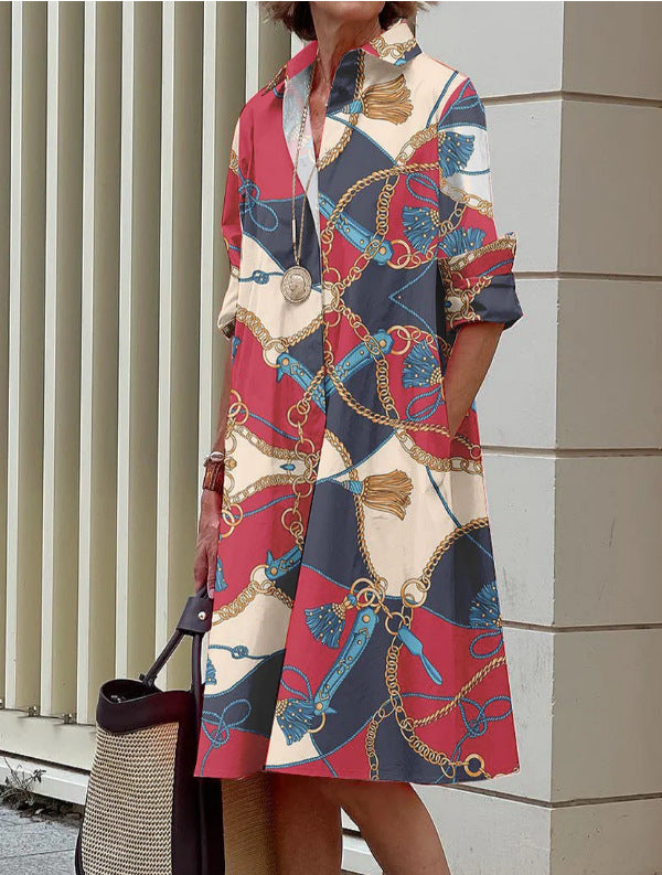 Women's Loose Shirt Dress in Satin Look with Baroque Chain Print and 3/4 Sleeves Mune Fashion