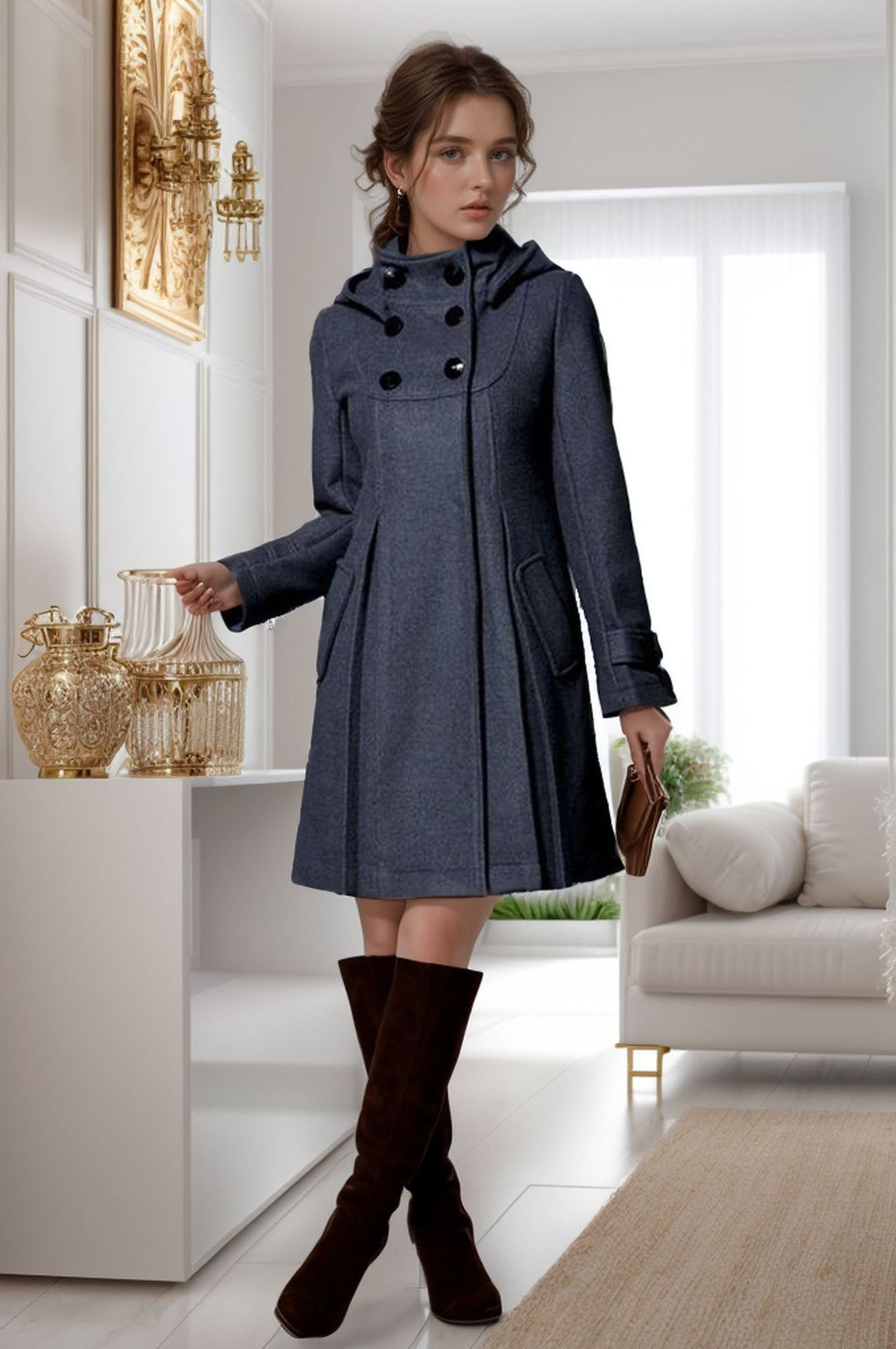 Women Tailored Wool Blend Coat with High Stand-Up Collar and A-Line Silhouette Mune Fashion