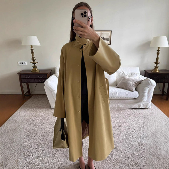 Ladies Maxilong Oversize Trench Coat with Stand Collar and Concealed Snap Placket Mune Fashion
