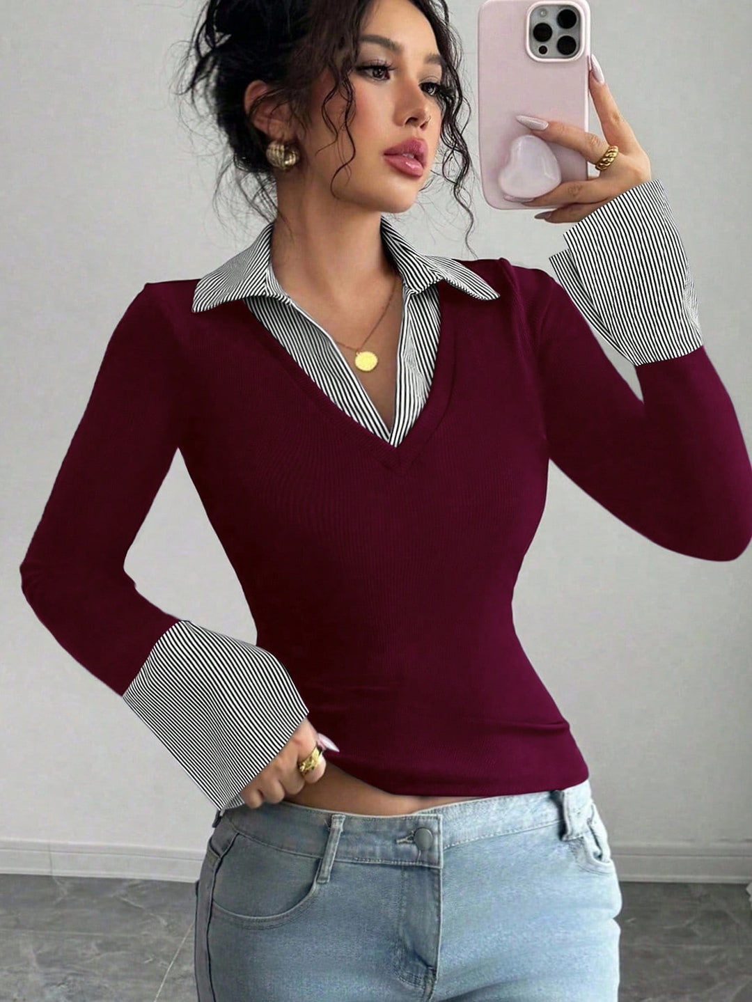 Women's Fitted Fine Knit Top with Shirt Collar and Contrast Cuffs Mune Fashion