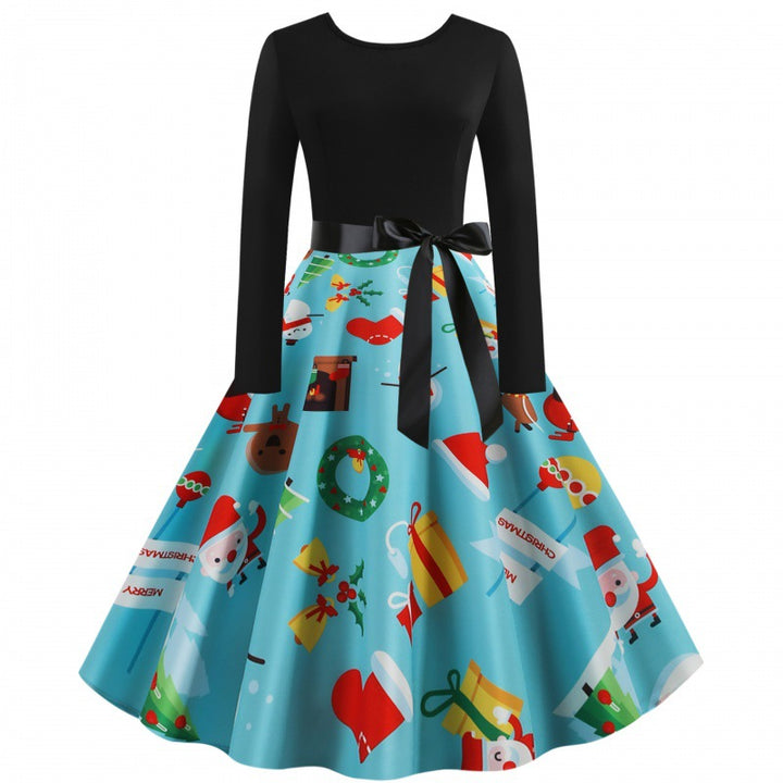 Women's retro party dress with contrasted top, flared skirt and satin waist belt Mune Fashion