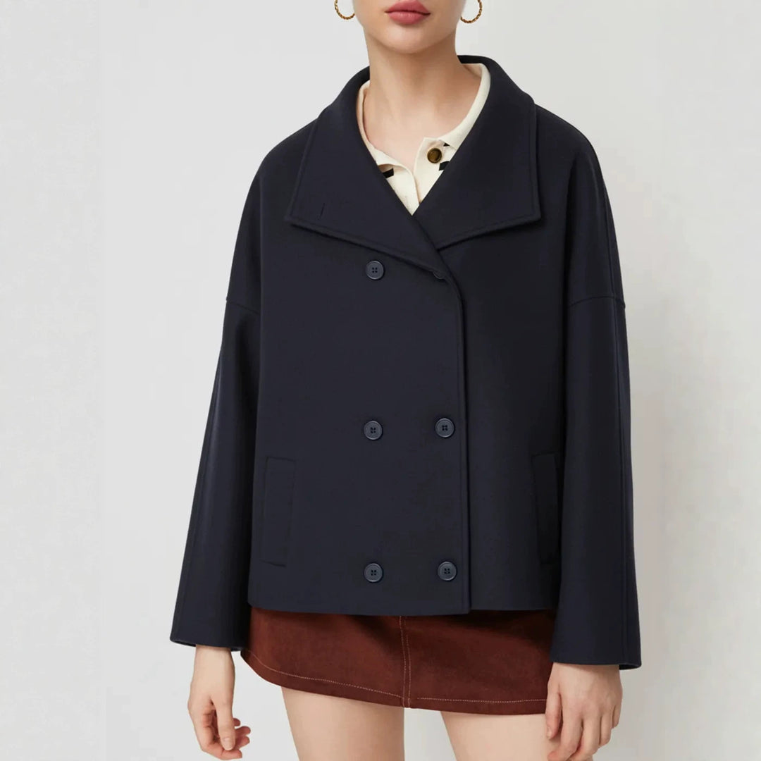 Women Double-breasted Short Coat with Stand-up Collar, Dropped Shoulder and Clear Boxy Silhouette Drune