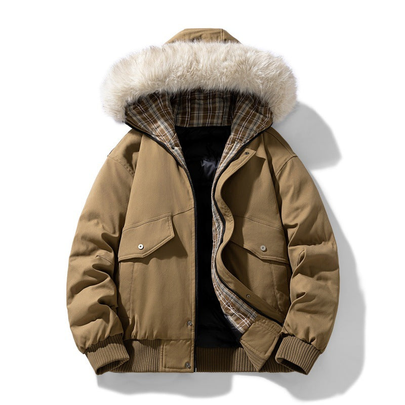 Men's Padded Winter Jacket with Faux Fur Hood, Quilted Checkered Lining and Bomber Cuffs Mune Fashion