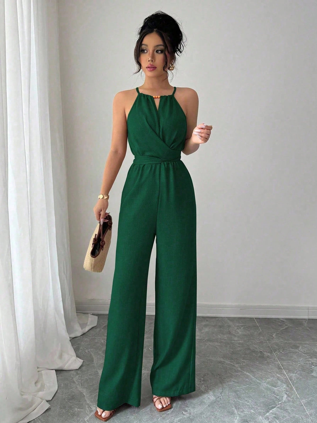 Women's Sleeveless Halter Jumpsuit with Wrap Top and Wide Leg Mune Fashion