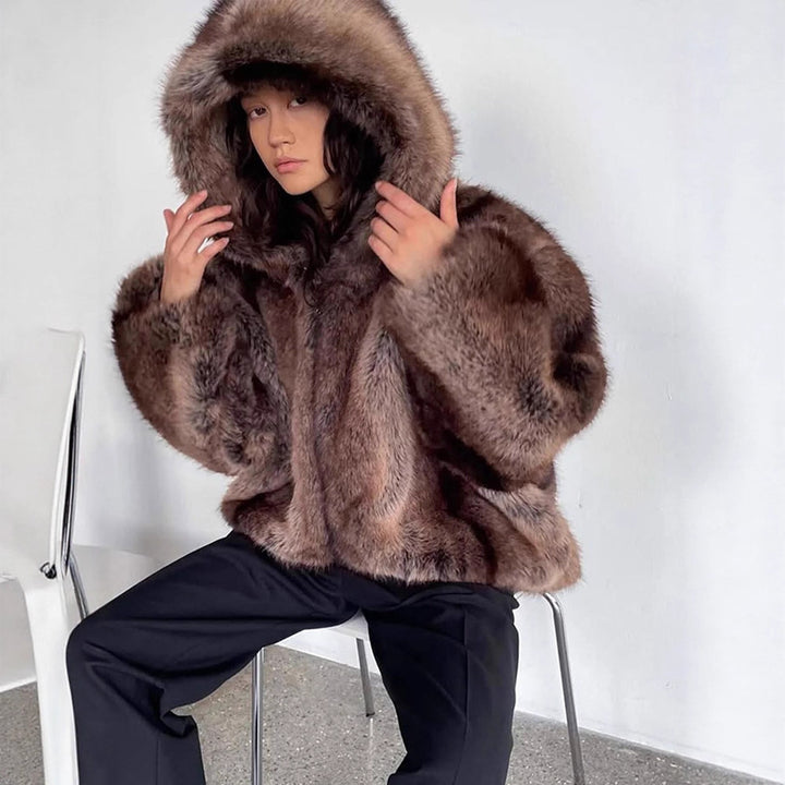 Women's Boxy Faux Fur Hoodie with Voluminous Hood and Loose Silhouette Mune Fashion