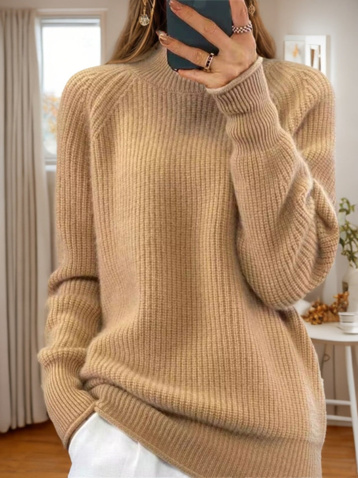 Women's cozy knitted sweater with stand-up collar and ribbed structure Mune Fashion