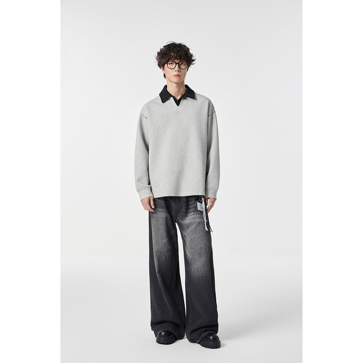 Men's Relaxed Sweatshirt with Polo Collar and Decorative Shoulder Seam Mune Fashion