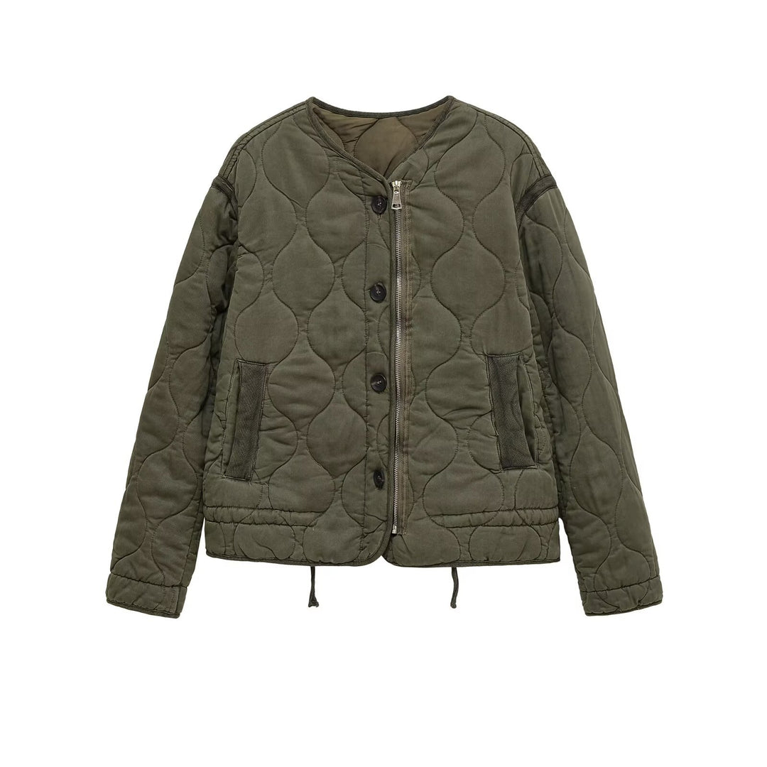 Women quilted transition jacket with zipper and button placket, round neck and drawstring Mune Fashion
