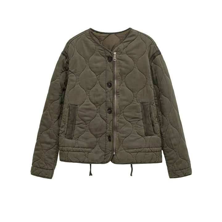 Women quilted transition jacket with zipper and button placket, round neck and drawstring Mune Fashion