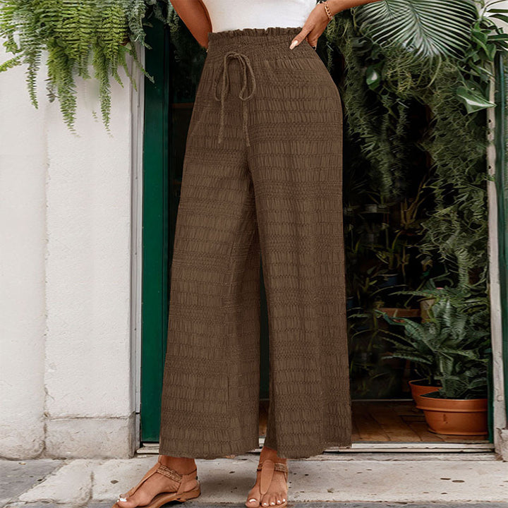 Women's wide high-waisted summer pants with smocked waistband and drawstring Mune Fashion
