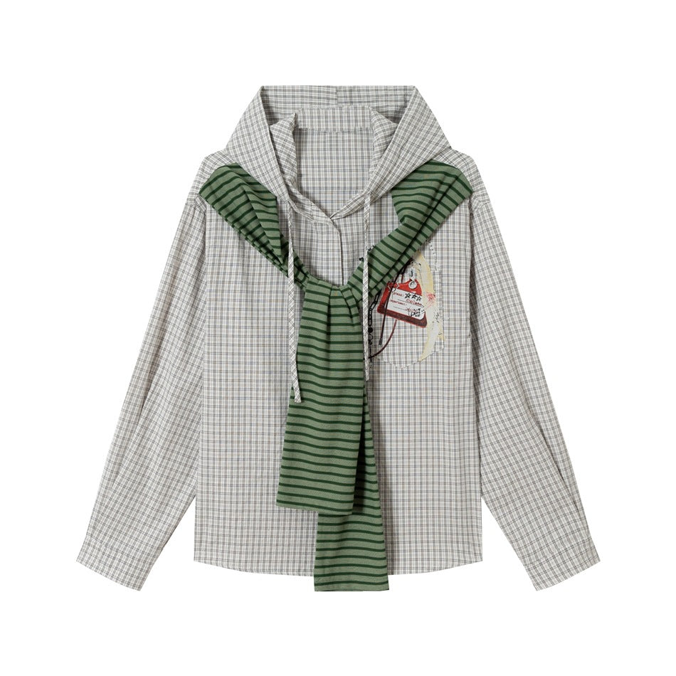 Women's Hooded Checkered Blouse with Attached Striped Scarf Mune Fashion