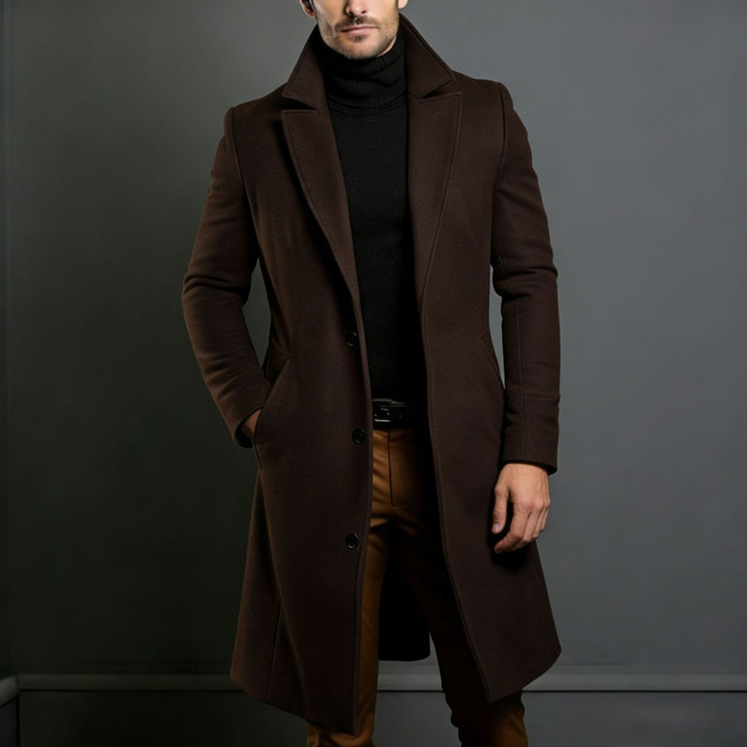 Men's Elegant Single-Breasted Long Coat Made of Wool Blend with Slim Silhouette and Lapel Collar Mune Fashion