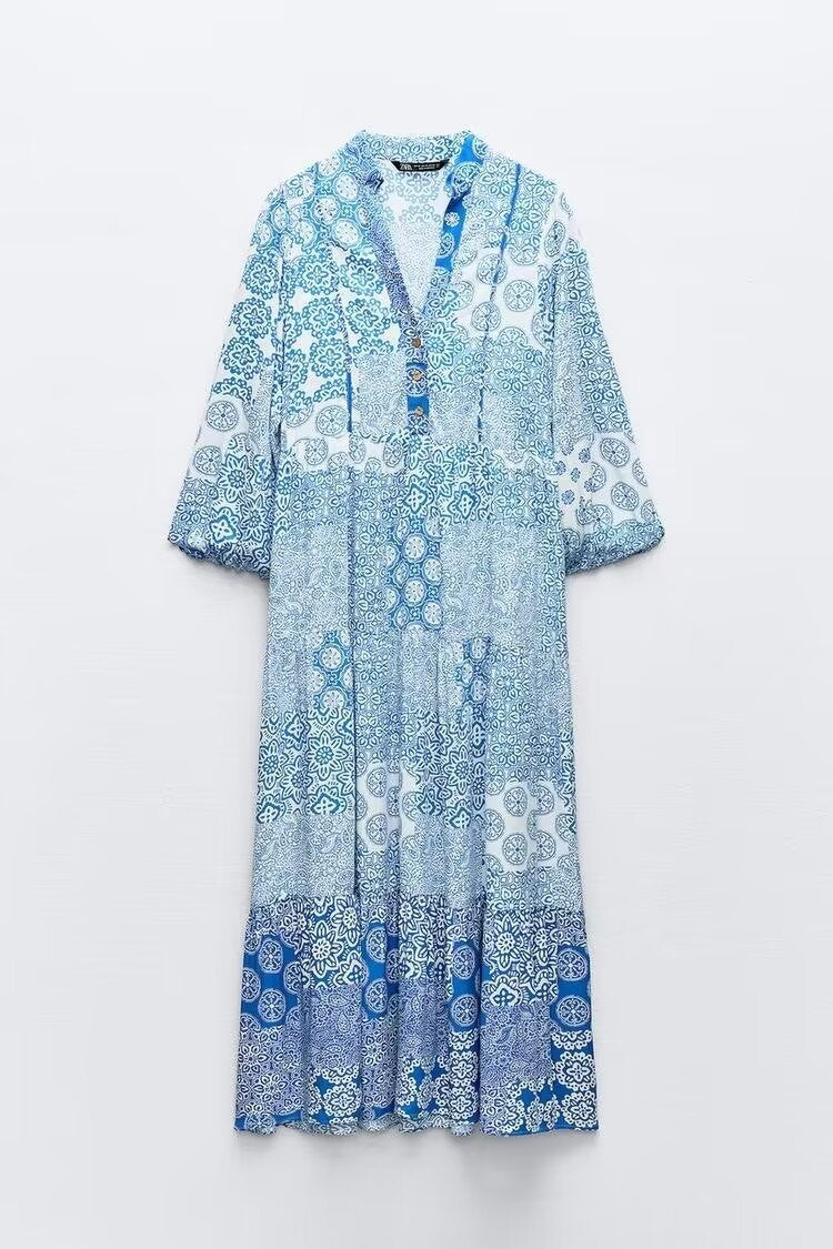 Women's maxi dress in patchwork print with V-neck, tiered skirt, and 3/4 sleeves Mune Fashion