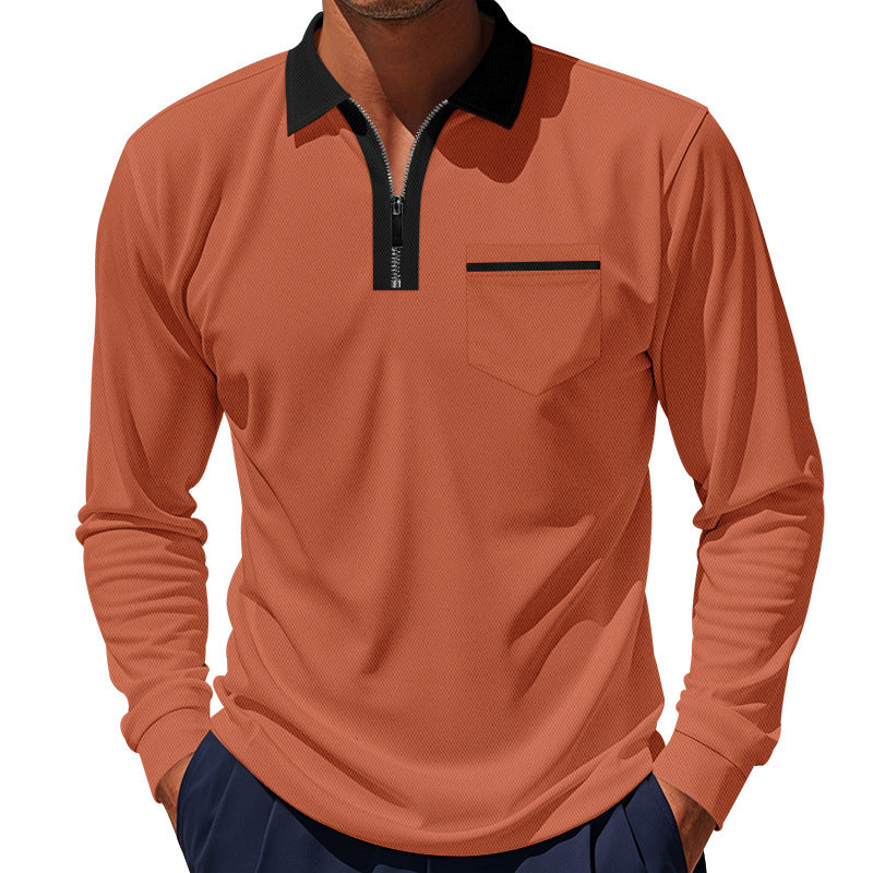 Men's long-sleeved zip polo shirt with chest pocket and contrast collar Mune Fashion