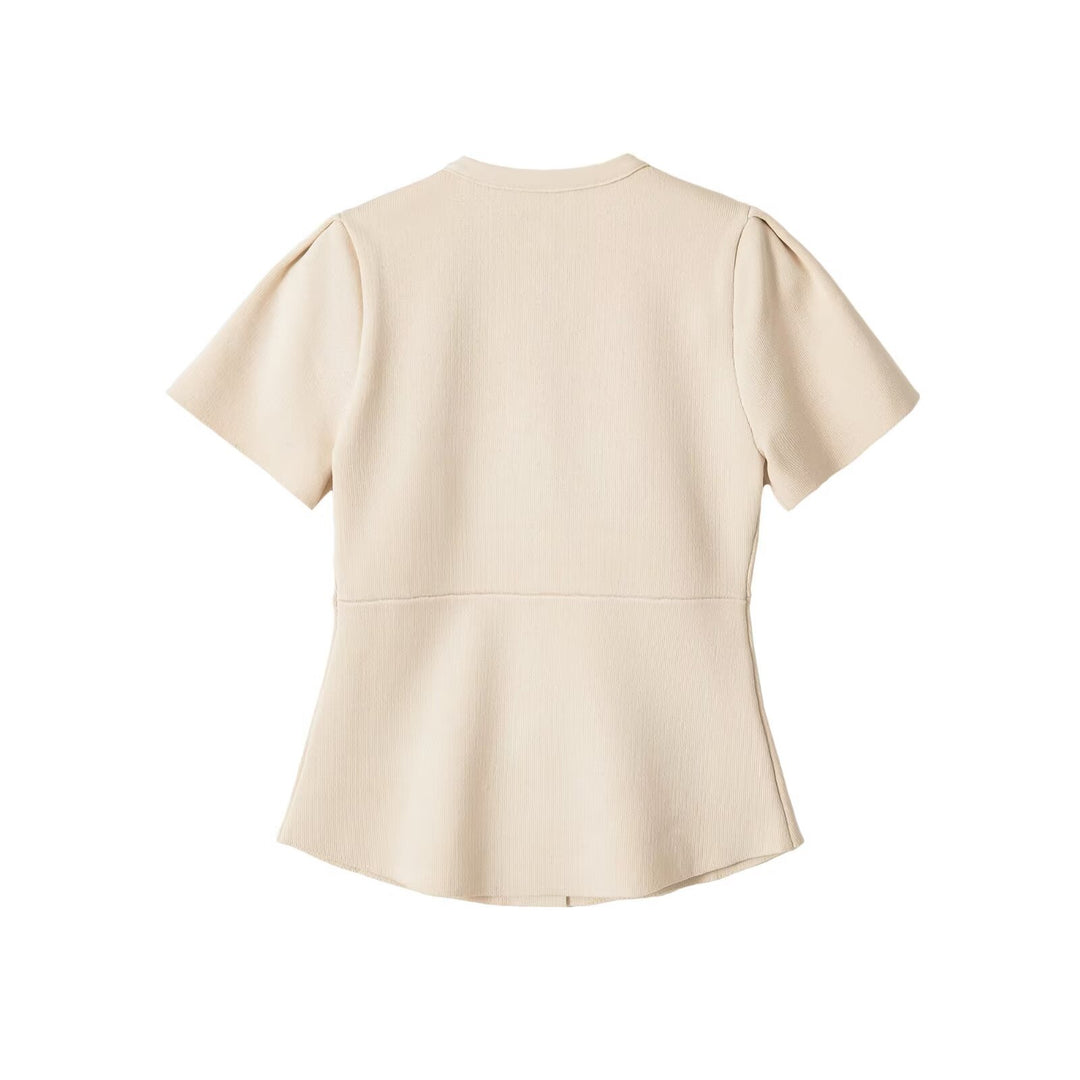 Women's Tailored Stretch Knit Blouse with Hidden Fabric Buttons and Double Ruffle Sleeves Mune Fashion