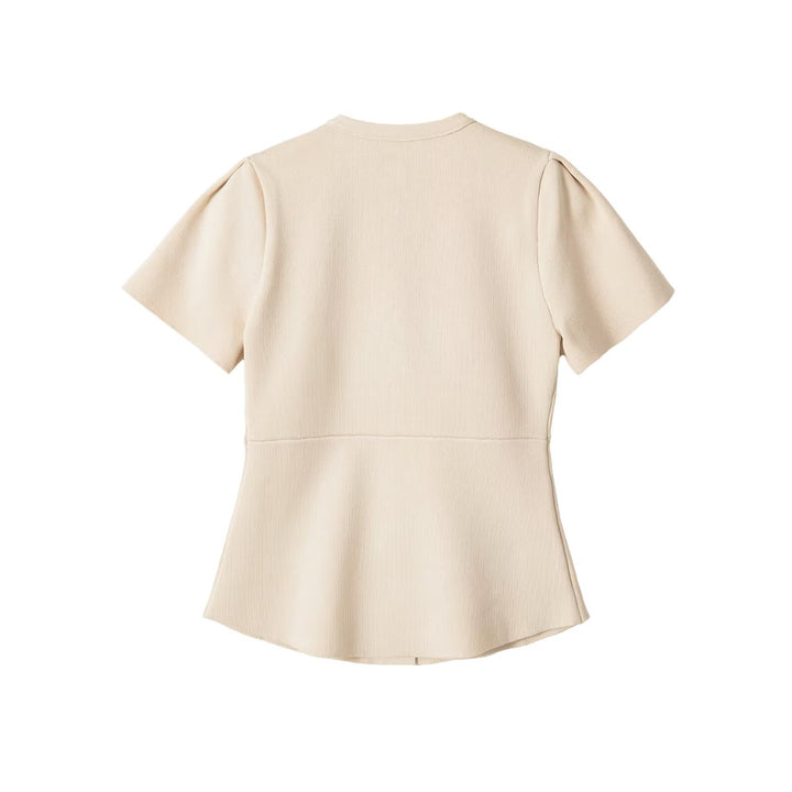 Women's Tailored Stretch Knit Blouse with Hidden Fabric Buttons and Double Ruffle Sleeves Mune Fashion