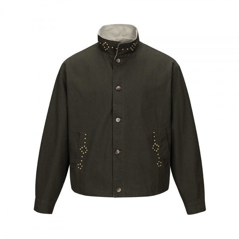 Men's short cut boxy canvas jacket with studded detail and stand-up collar Mune Fashion