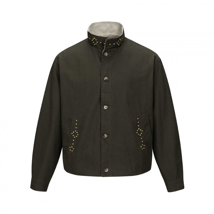Men's short cut boxy canvas jacket with studded detail and stand-up collar Mune Fashion
