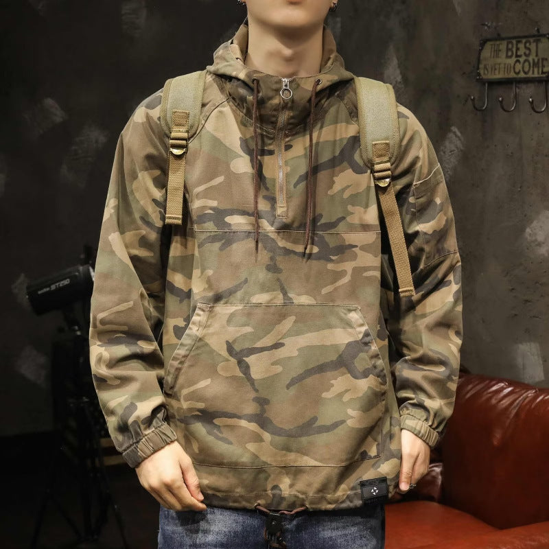 Men's Hooded Anorak with Half Zip, Kangaroo Pocket and Drawstring Hem Mune Fashion