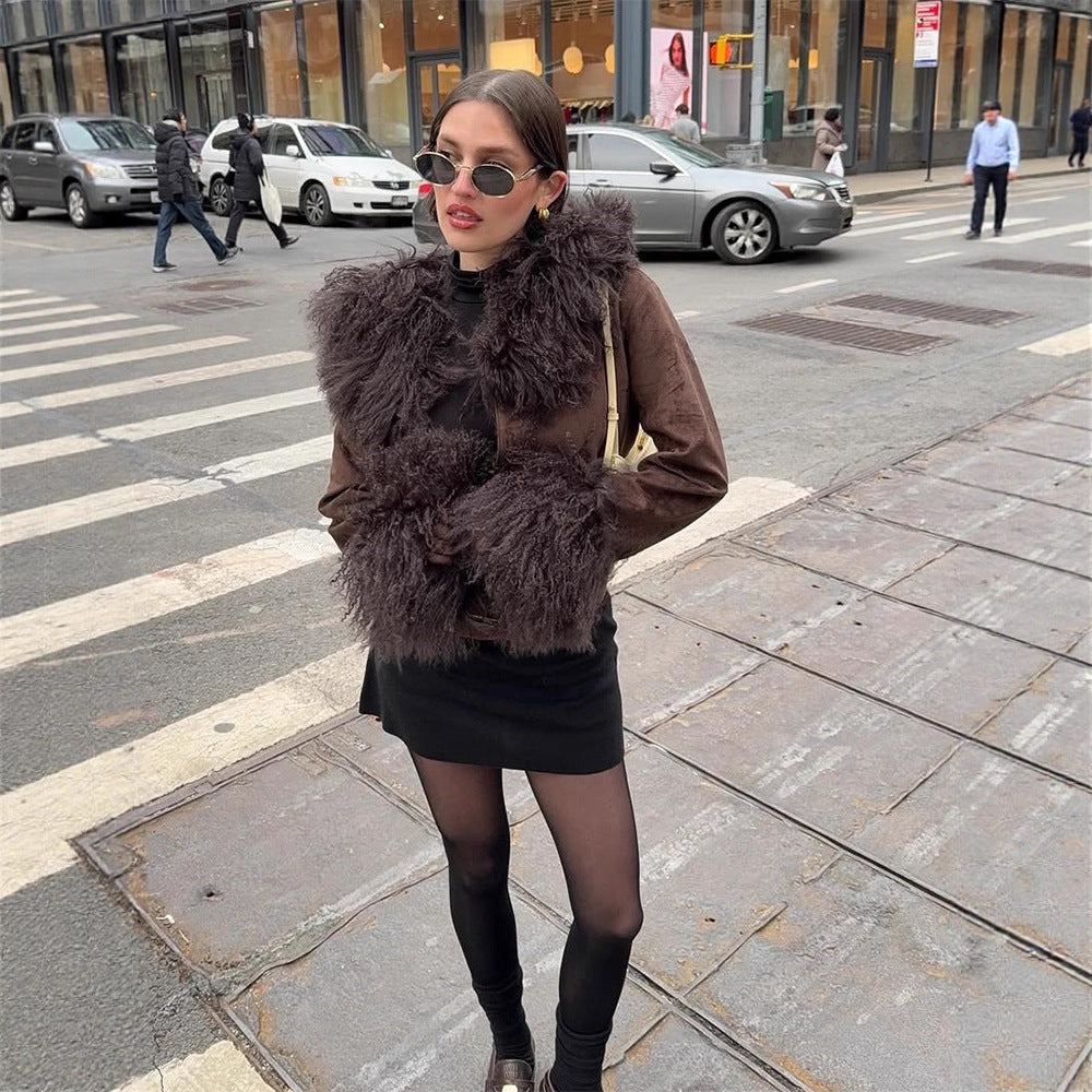 Women's Short Suede Jacket with Voluminous Tibetan Shearling Collar and Fur Cuffs Mune Fashion