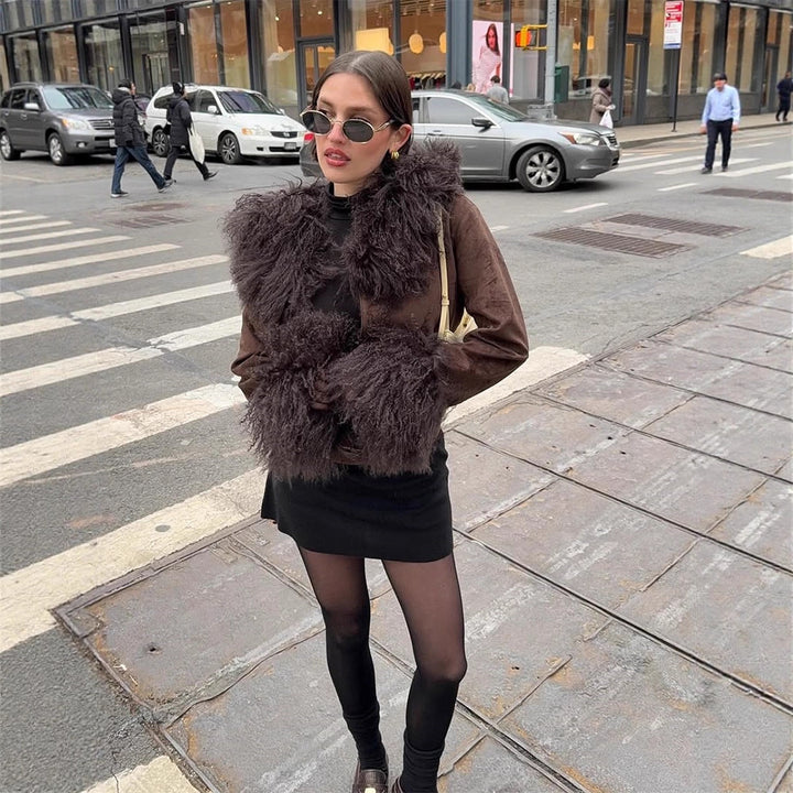 Women's Short Suede Jacket with Voluminous Tibetan Shearling Collar and Fur Cuffs Mune Fashion