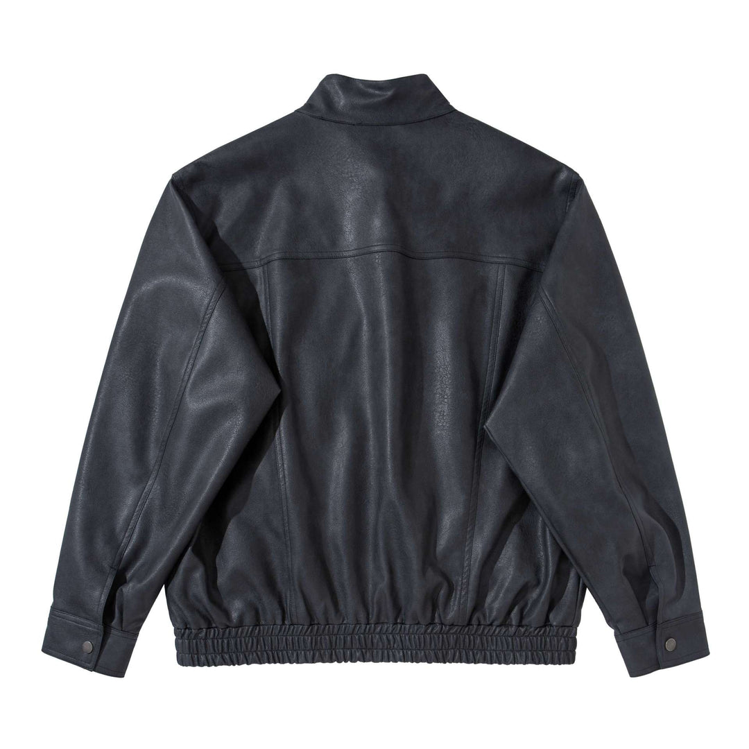 Men's vintage-inspired faux leather bomber jacket with funnel collar, flap pockets, and elastic hem Mune Fashion