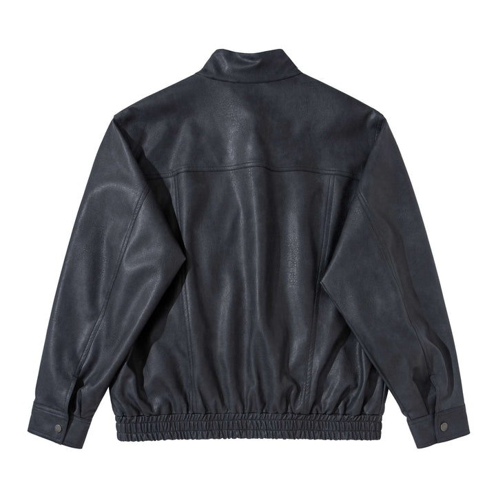 Men's vintage-inspired faux leather bomber jacket with funnel collar, flap pockets, and elastic hem Mune Fashion