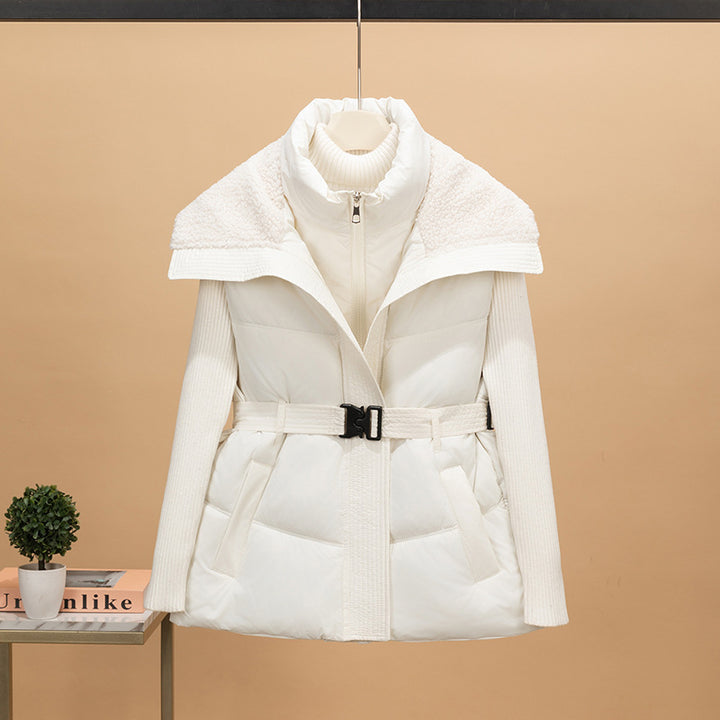 Women's non-padded quilted vest with knitted sleeves and teddy collar, tailored belt Mune Fashion