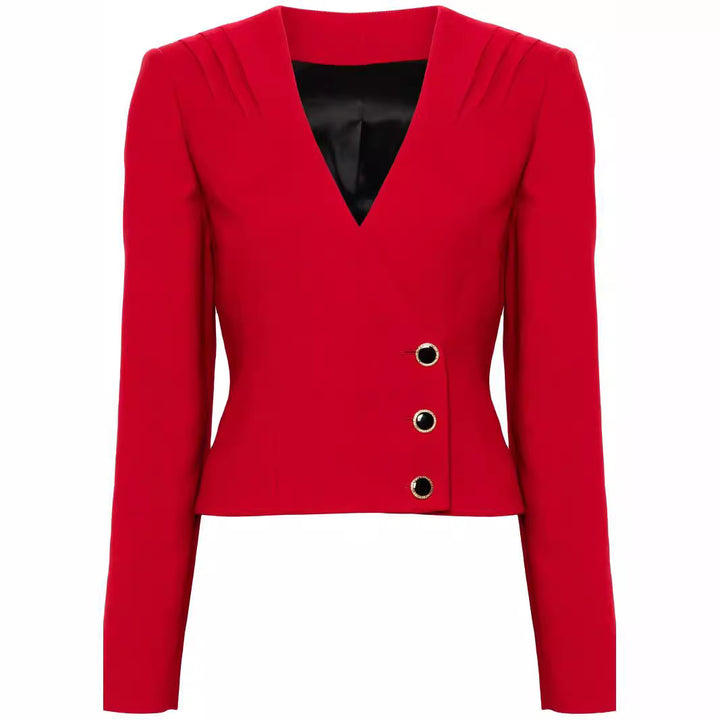 Ladies Two-Piece Blazer Top with V-Neck and Wrap Mini Skirt in Tailoring Look Mune Fashion
