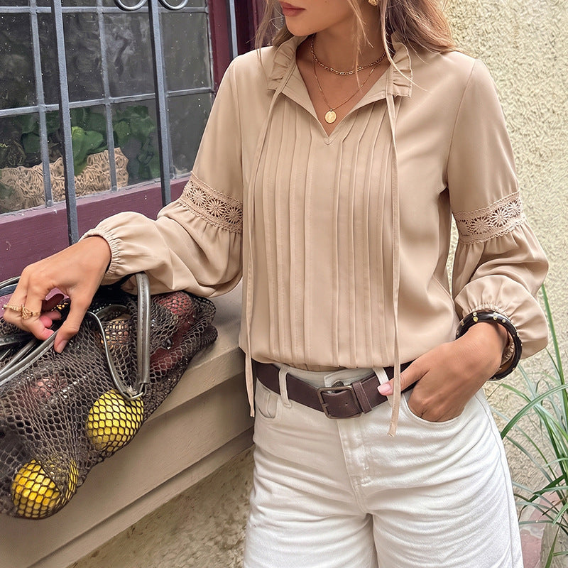 Ladies Elegant Blouse with Ruffle Accents and Lace Sleeves Mune Fashion