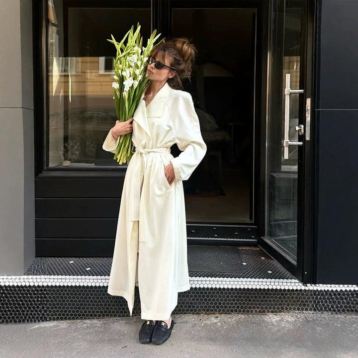 Women’s Maxi Long Wrap Coat made from flowing material with wide shawl collar Mune Fashion