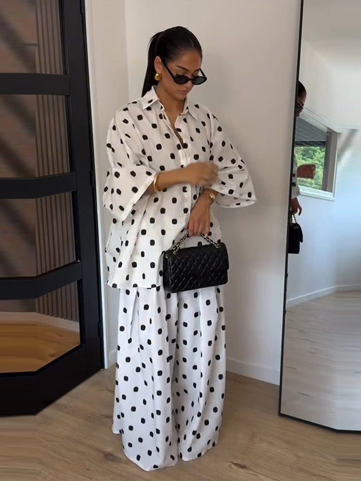 Women's Two-Piece Oversized Blouse and Palazzo Pants Set with Polka Dot Pattern Mune Fashion