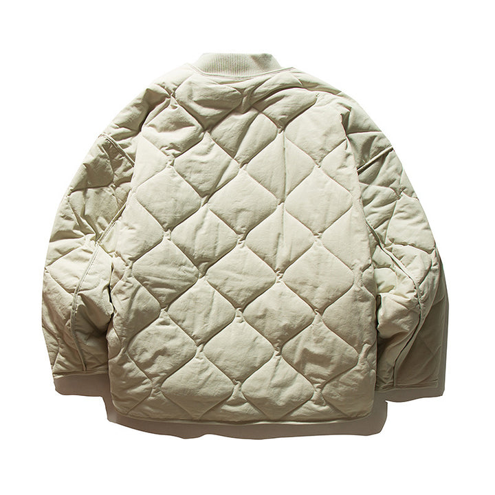 Unisex Lightweight Boxy Puffer Jacket with distinctive diamond quilting, front round pockets, and ribbed collar Mune Fashion