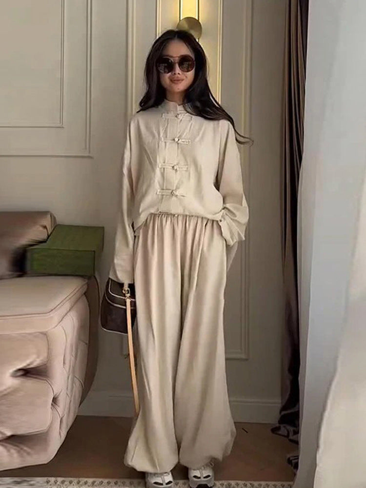 Women Two-Piece Oversize Lounge Set with Stand-Up Collar and Decorative Knot Closures Mune Fashion