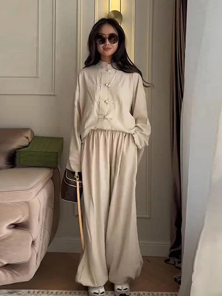 Women Two-Piece Oversize Lounge Set with Stand-Up Collar and Decorative Knot Closures Mune Fashion