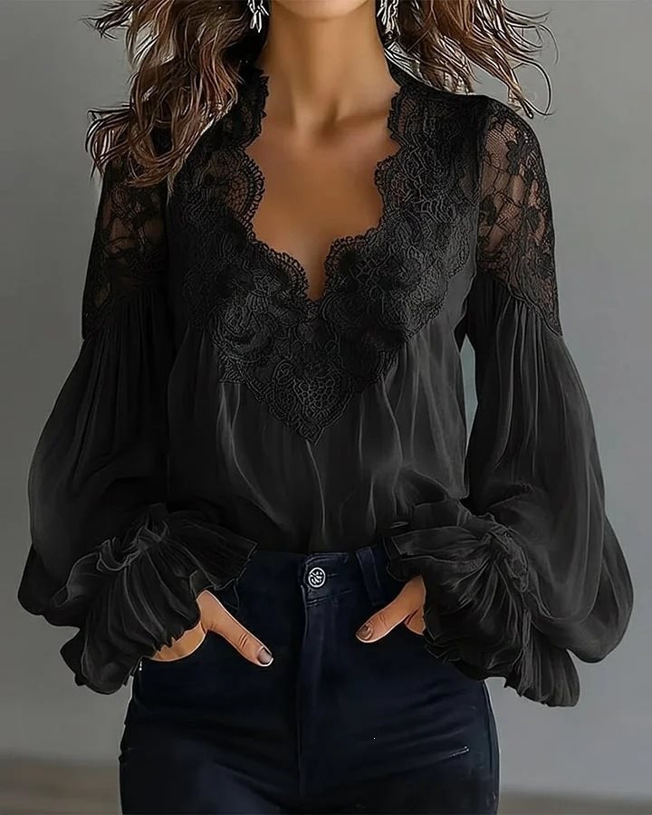 Women's Chiffon Blouse with Lace V-Neck and Wide Pleated Sleeves Mune Fashion