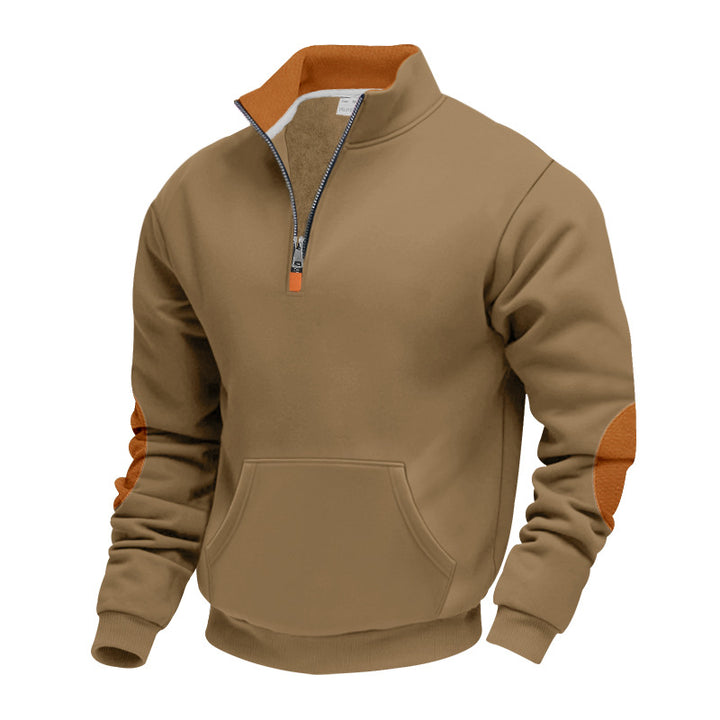 Men's Nano Insulated Half-Zip Pullover with Stand-Up Collar Fleece Lining Kangaroo Pocket and Suede Elbow Patches Mune Fashion